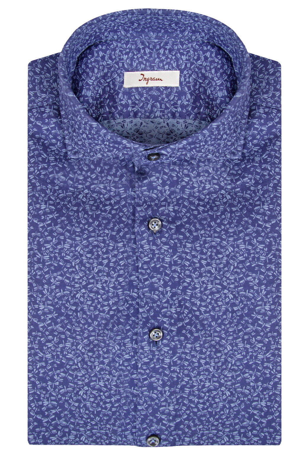 Camicia Slim uomo in puro cotone blu scuro con microfantasia a libellule