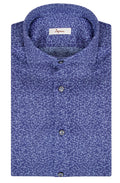 Camicia Slim uomo in puro cotone blu scuro con microfantasia a libellule