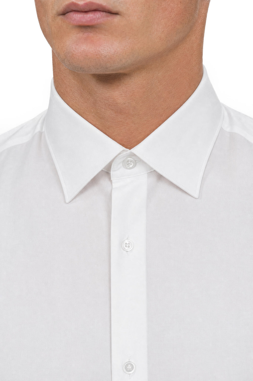 Camicia slim in popeline di cotone stretch bianca, dettaglio del collo