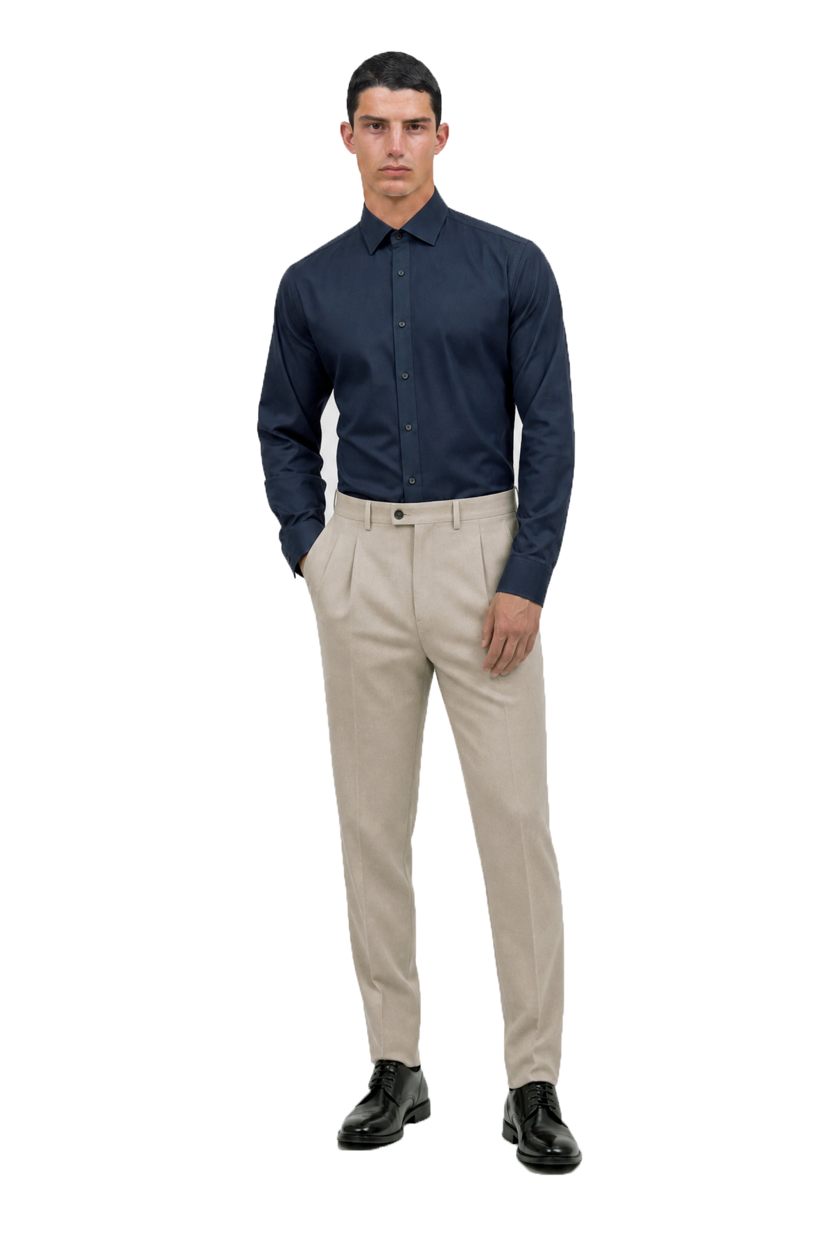 Camicia slim in popeline di cotone stretch blu, indossata, vista frontale