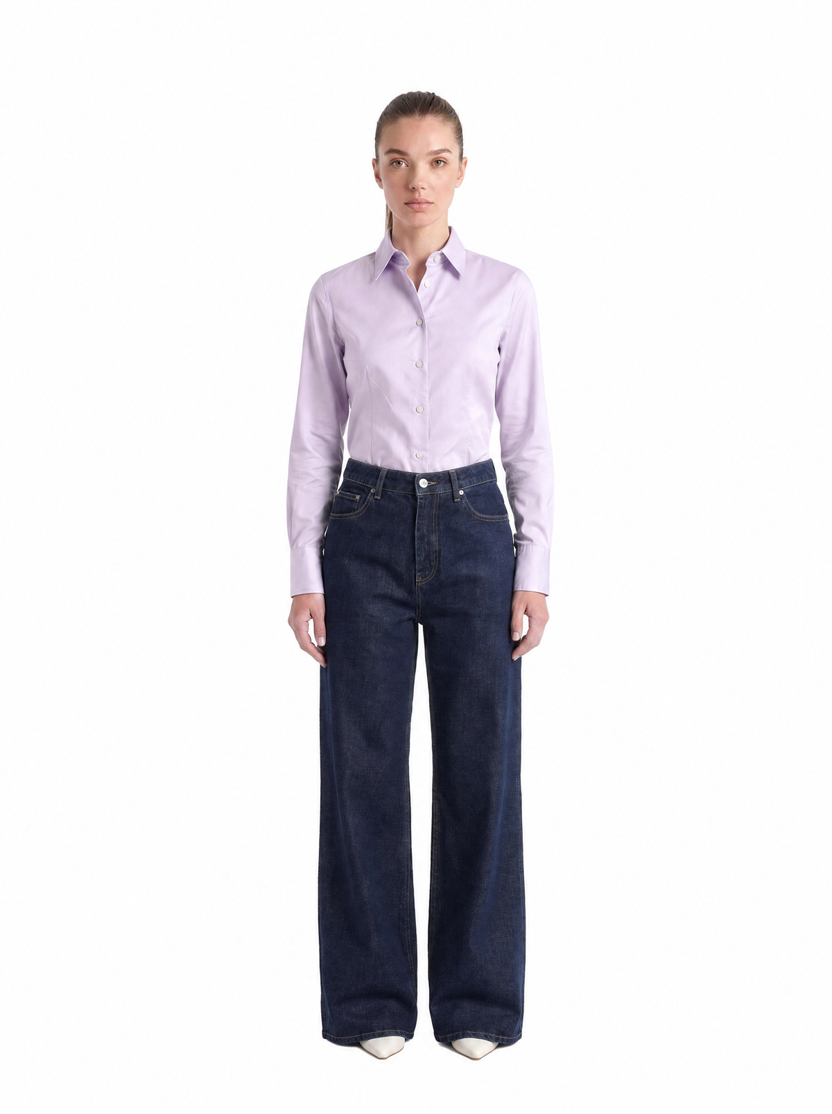 Camicia donna lilla, indossata, vista frontale