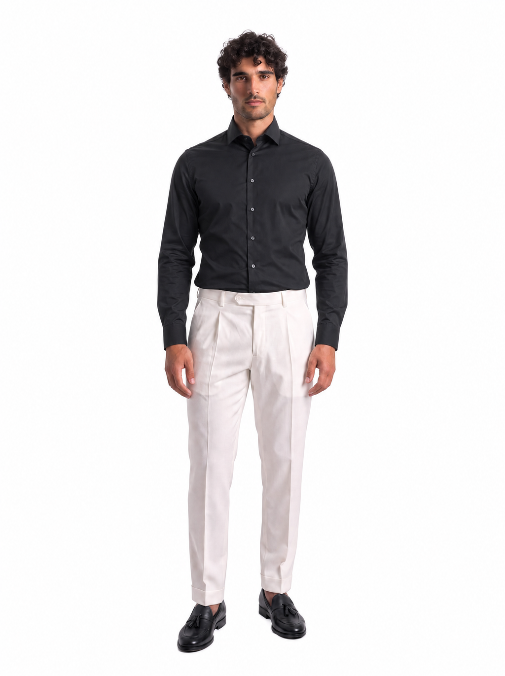 Camicia Cottonstir in popeline di cotone no stiro nera, indossata, vista frontale