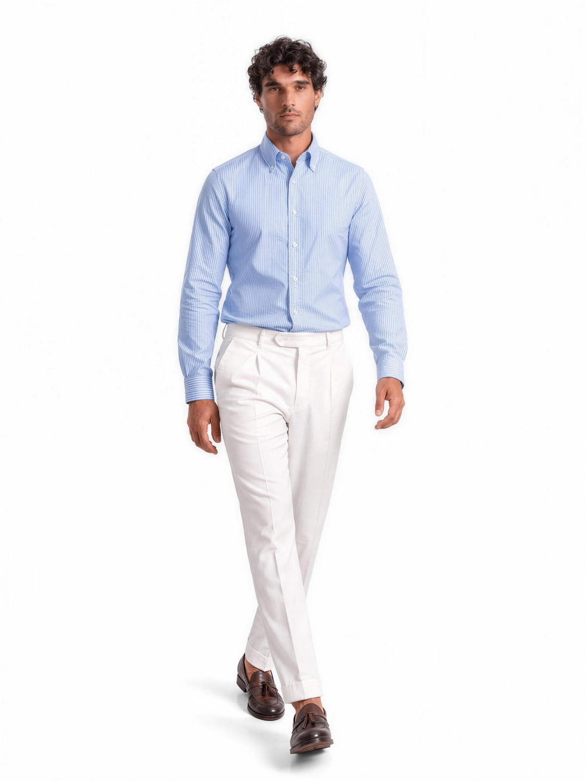 Camicia slim Cottonstir in puro cotone rigato, indossata, vista frontale