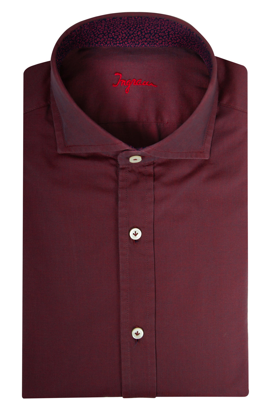 Washed-effect cotton shirt with contrast details, slim fit. Available in plum and blue. Ingram Men - red