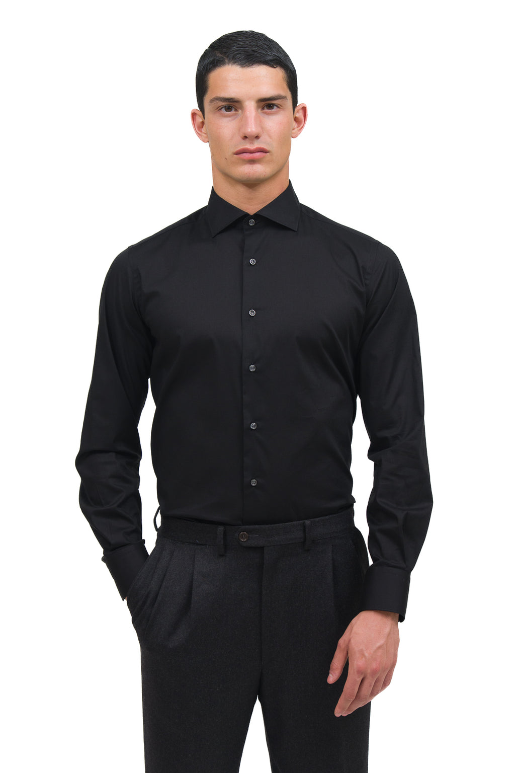 Camicia slim in popeline di cotone stretch. Ingram Uomo - Nero